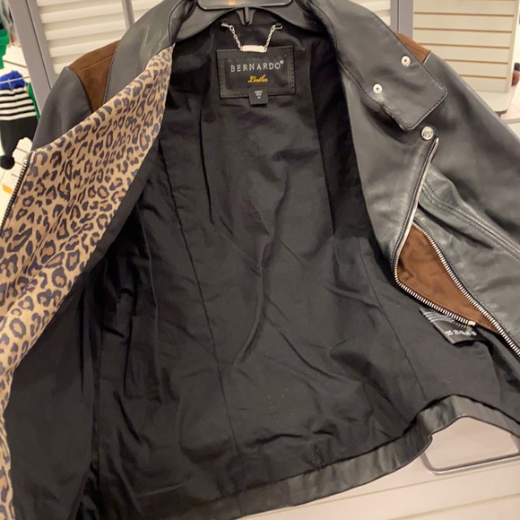 NEW Bernardo Suede Leopard Detail Leather Moto Zip Mixed Media Jacket Womens M - Picture 5 of 8
